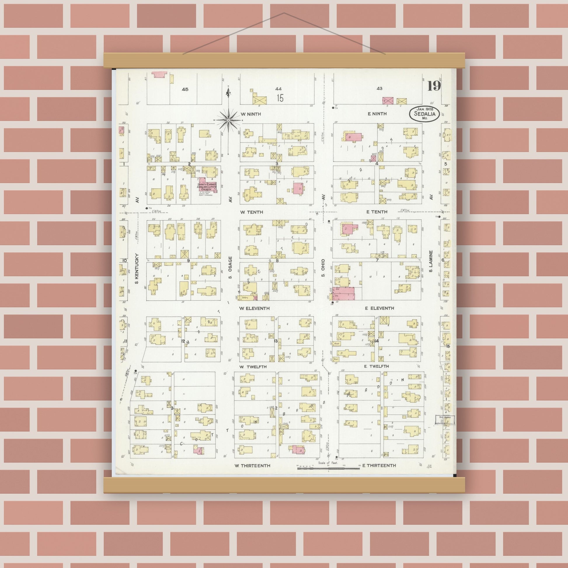 Old map wall art mockup — magnetic wood frame on brick wall — Sanborn Fire Insurance Map from Sedalia, Pettis County, Missouri (1908), Sheet #0019