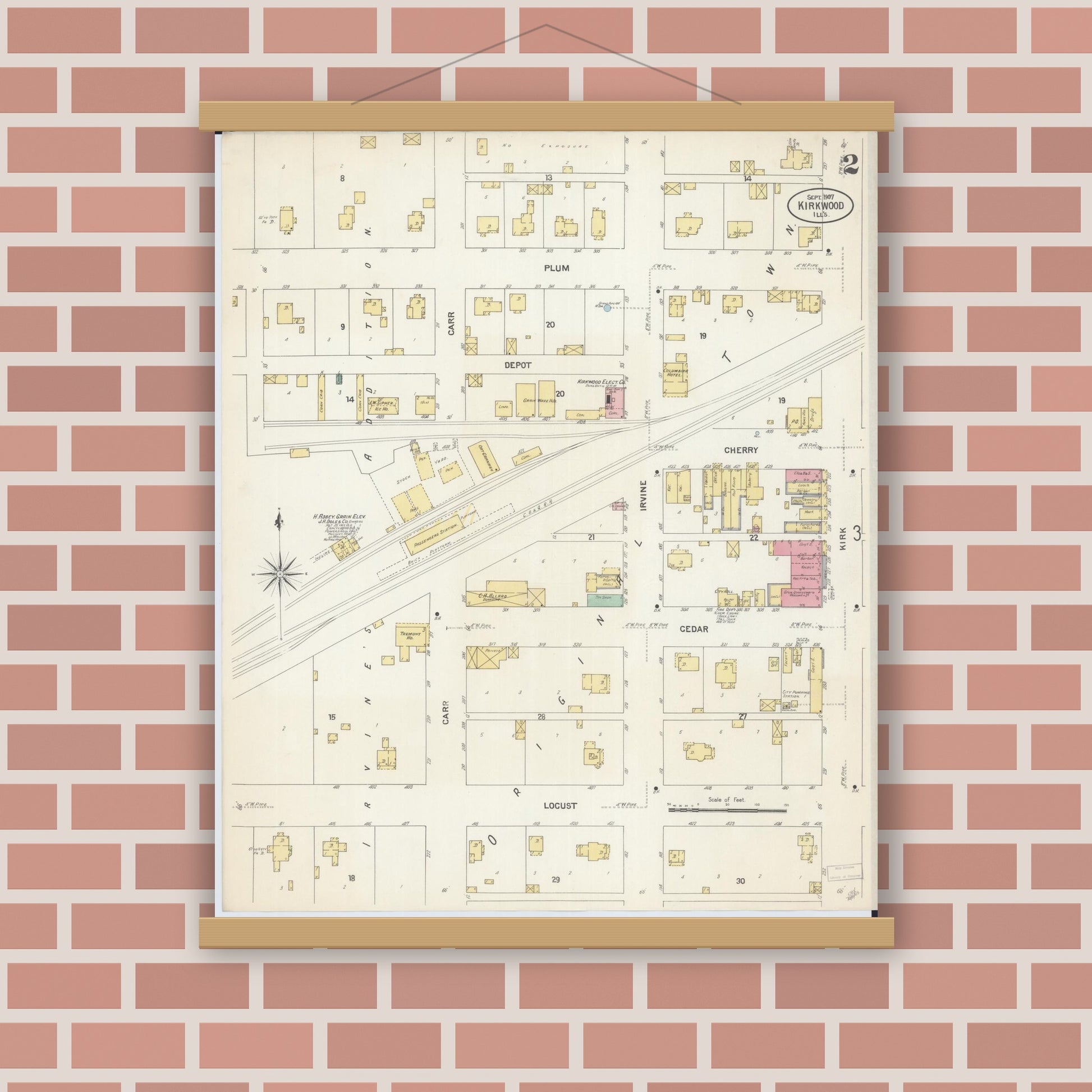 Old map wall art mockup — magnetic wood frame on brick wall — Sanborn Fire Insurance Map from Kirkwood, Warren County, Illinois (1907), Sheet #0002