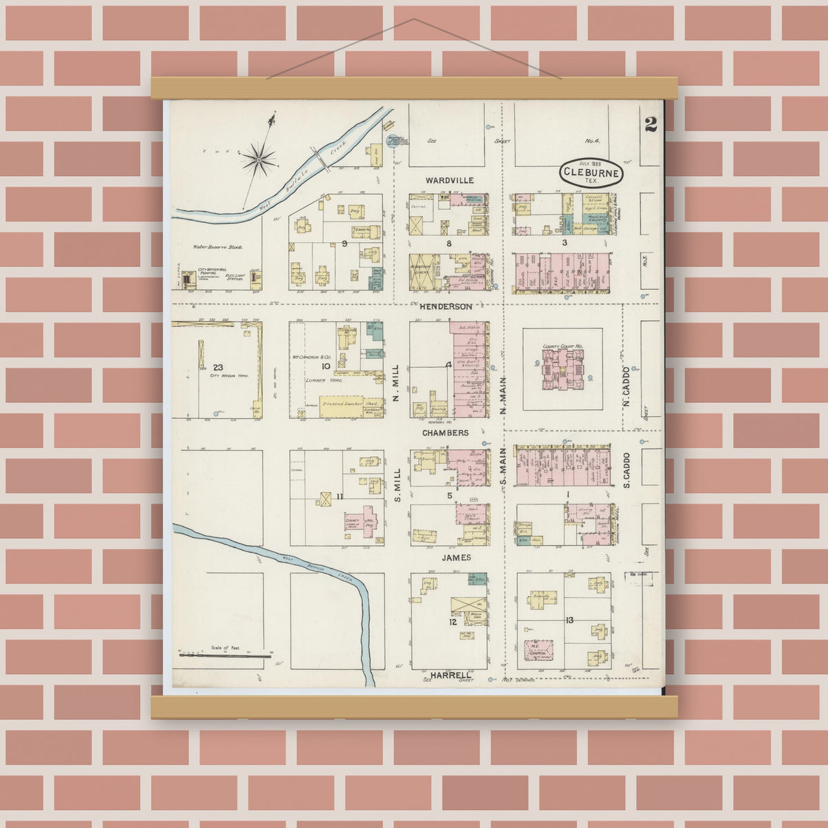 Old map wall art mockup — magnetic wood frame on brick wall — Sanborn Fire Insurance Map from Cleburne, Johnson County, Texas (1888), Sheet #0002