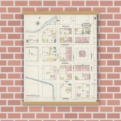Old map wall art mockup — magnetic wood frame on brick wall — Sanborn Fire Insurance Map from Cleburne, Johnson County, Texas (1888), Sheet #0002