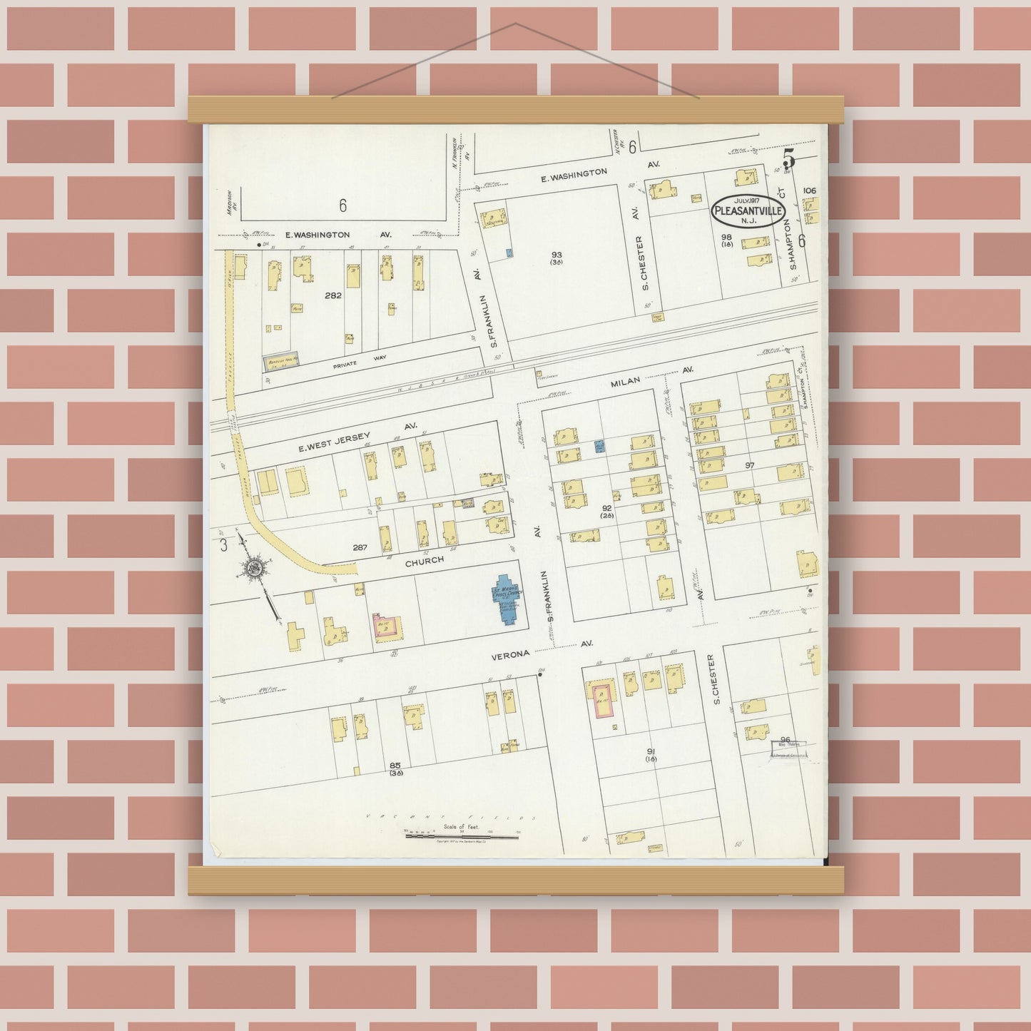 Old map wall art mockup — magnetic wood frame on brick wall — Sanborn Fire Insurance Map from Pleasantville, Atlantic County, New Jersey (1917), Sheet #0005
