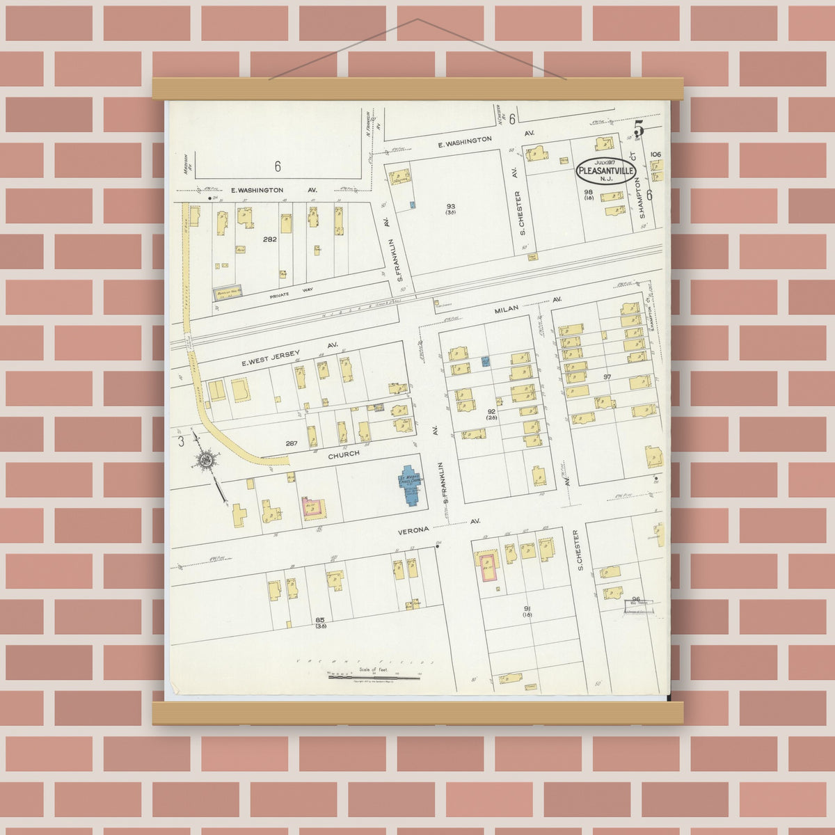 Old map wall art mockup — magnetic wood frame on brick wall — Sanborn Fire Insurance Map from Pleasantville, Atlantic County, New Jersey (1917), Sheet #0005