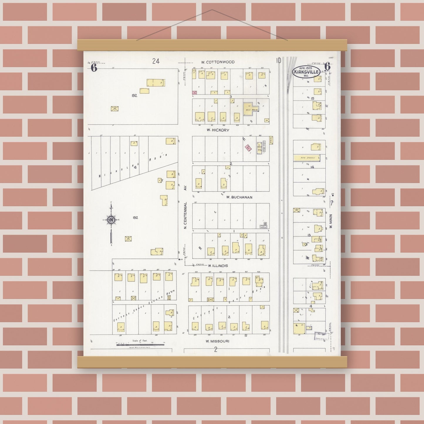 Old map wall art mockup — magnetic wood frame on brick wall — Sanborn Fire Insurance Map from Kirksville, Adair County, Missouri (1925), Sheet #0006