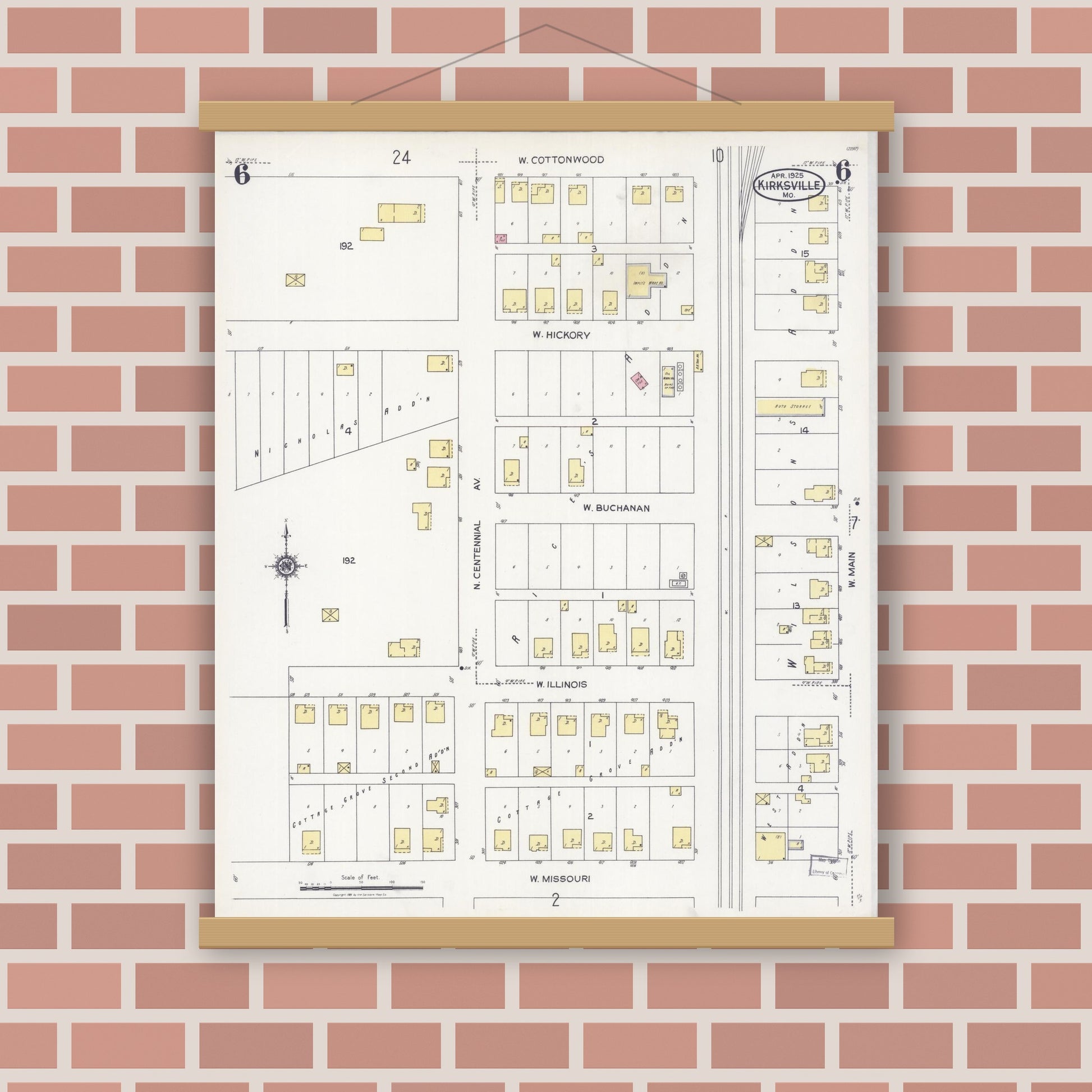 Old map wall art mockup — magnetic wood frame on brick wall — Sanborn Fire Insurance Map from Kirksville, Adair County, Missouri (1925), Sheet #0006