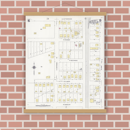 Old map wall art mockup — magnetic wood frame on brick wall — Sanborn Fire Insurance Map from Kirksville, Adair County, Missouri (1925), Sheet #0006