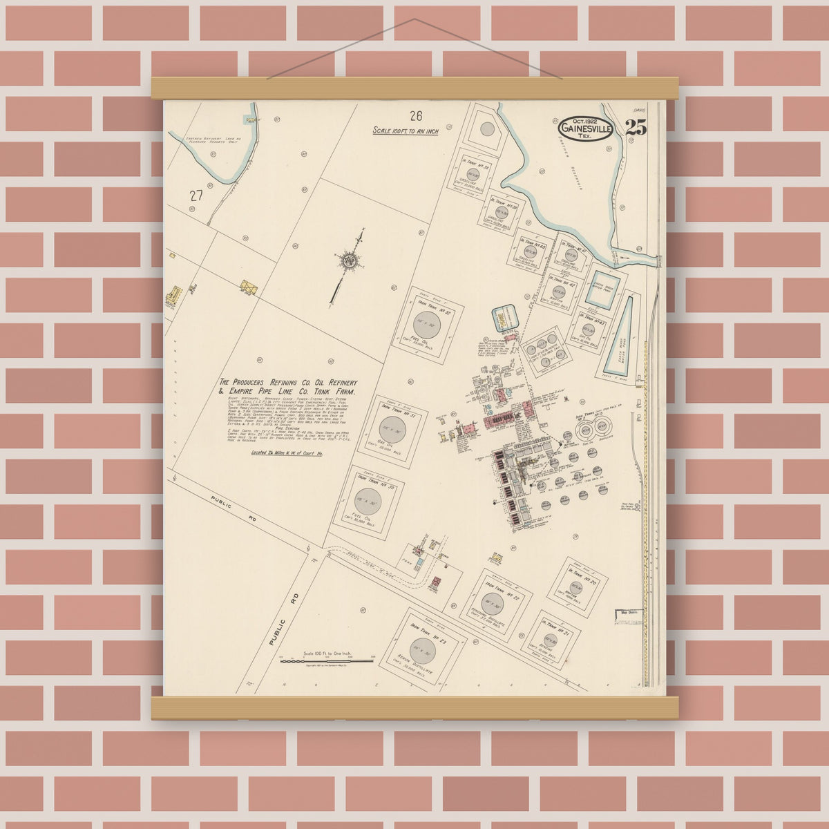 Old map wall art mockup — magnetic wood frame on brick wall — Sanborn Fire Insurance Map from Gainesville, Cooke County, Texas (1922), Sheet #0025