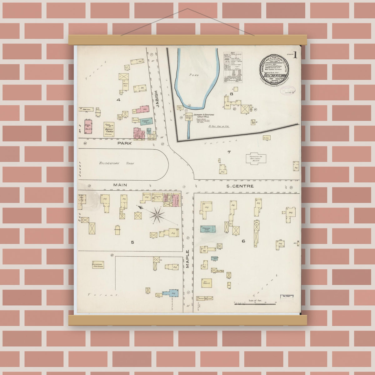 Old map wall art mockup — magnetic wood frame on brick wall — Sanborn Fire Insurance Map from Belchertown, Hampshire County, Massachusetts (1885) - Complete Map Set