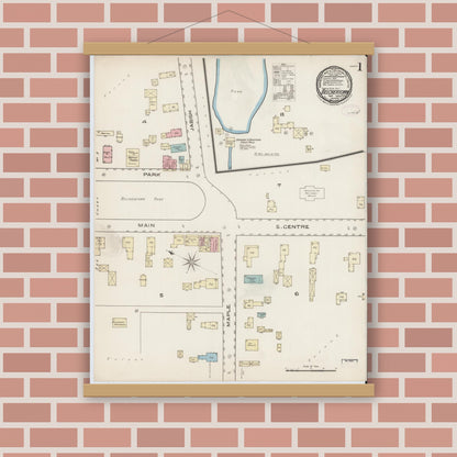 Old map wall art mockup — magnetic wood frame on brick wall — Sanborn Fire Insurance Map from Belchertown, Hampshire County, Massachusetts (1885) - Complete Map Set