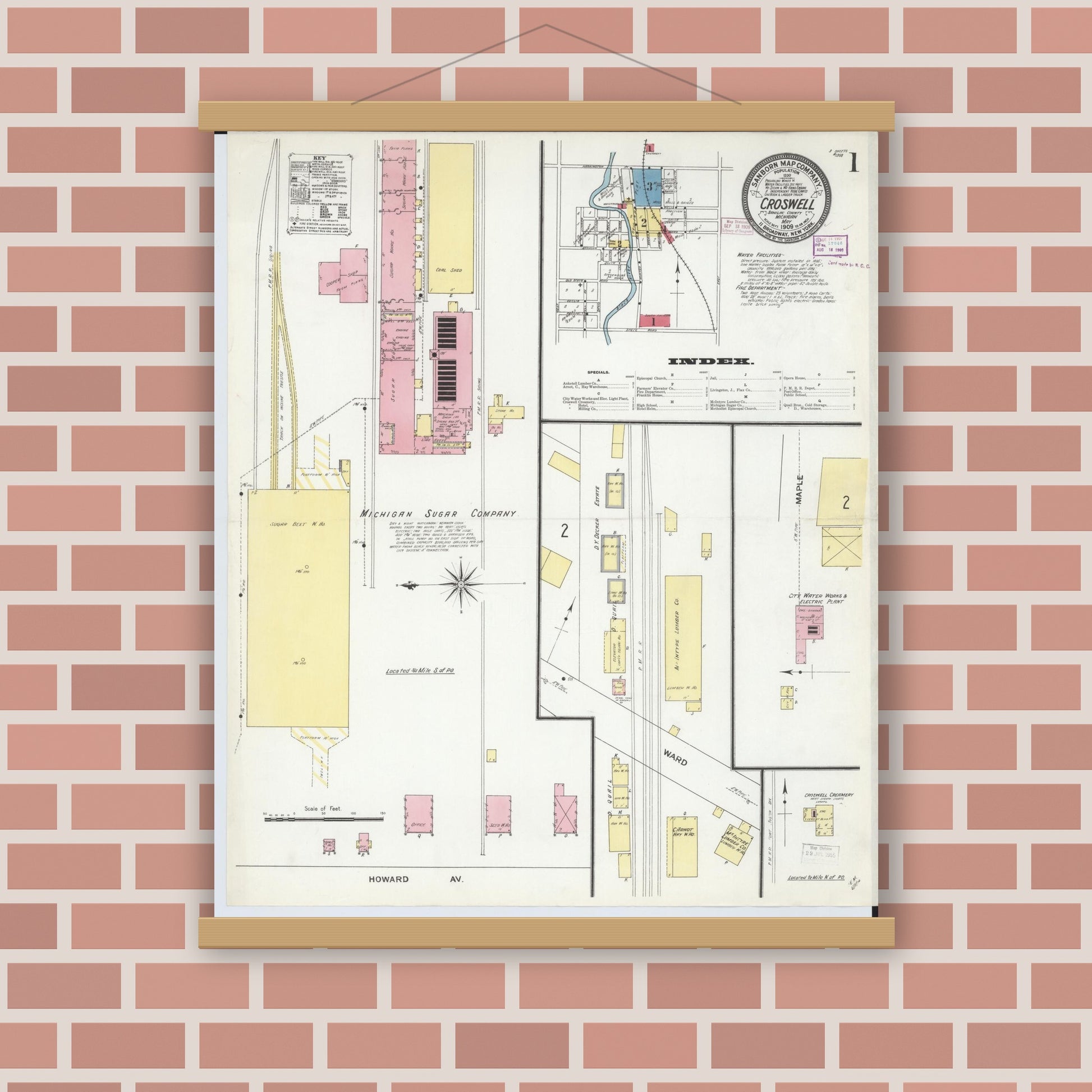 Old map wall art mockup — magnetic wood frame on brick wall — Sanborn Fire Insurance Map from Croswell, Sanilac County, Michigan (1909) - Complete Map Set