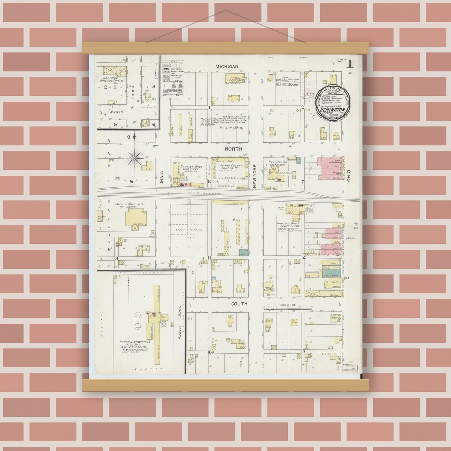 Old map wall art mockup — magnetic wood frame on brick wall — Sanborn Fire Insurance Map from Remington, Jasper County, Indiana (1893), Sheet #0001