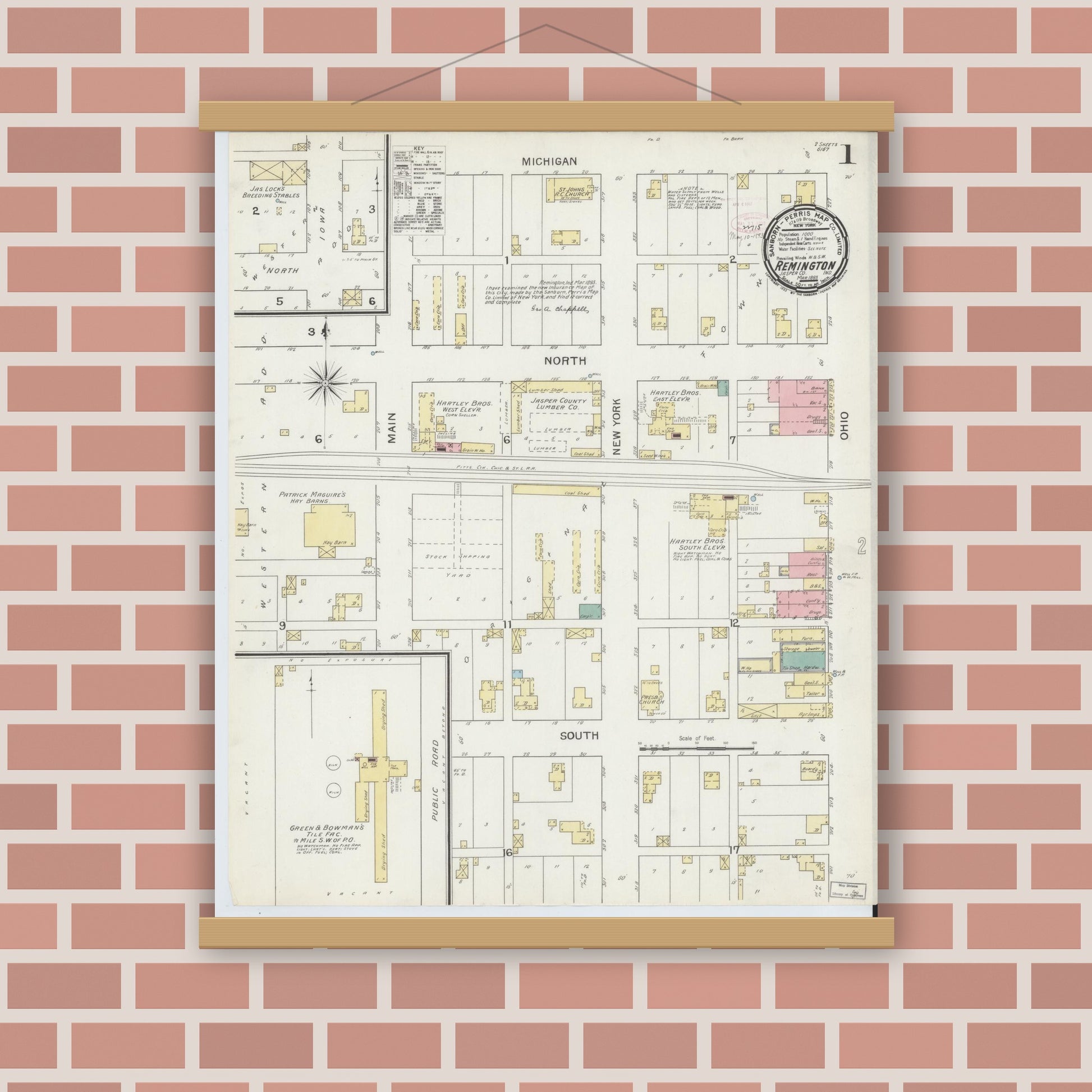 Old map wall art mockup — magnetic wood frame on brick wall — Sanborn Fire Insurance Map from Remington, Jasper County, Indiana (1893), Sheet #0001
