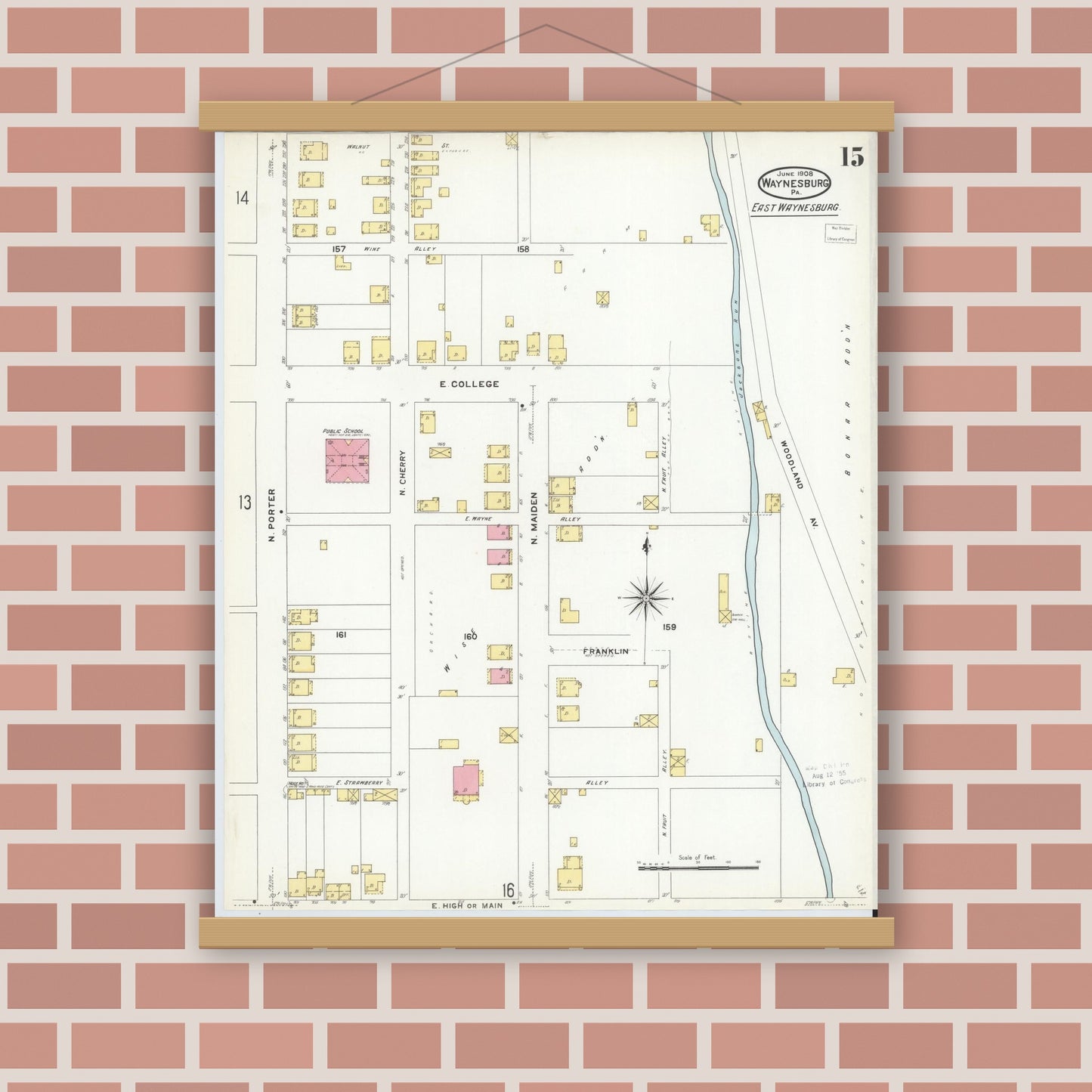 Old map wall art mockup — magnetic wood frame on brick wall — Sanborn Fire Insurance Map from Waynesburg, Greene County, Pennsylvania (1908), Sheet #0015