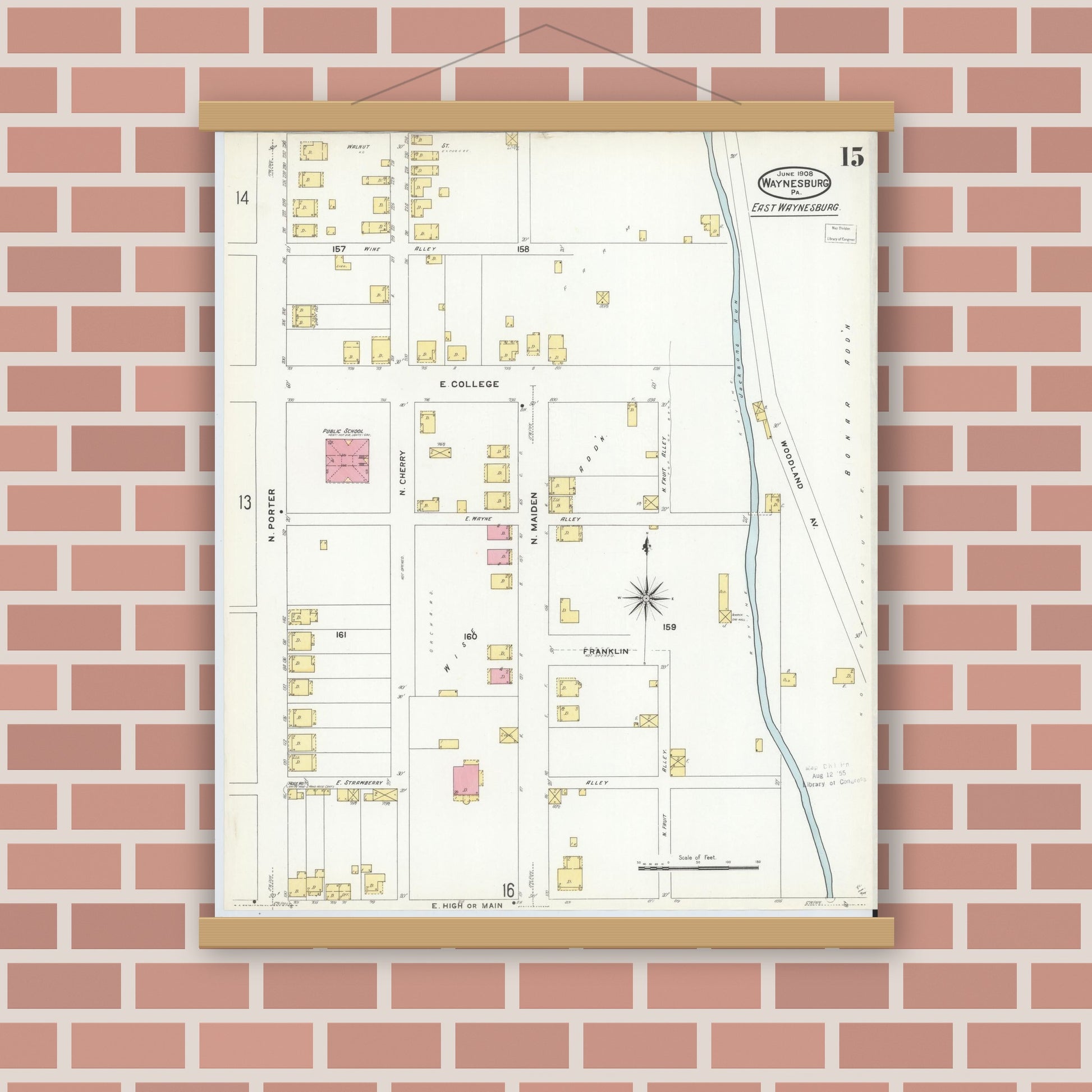 Old map wall art mockup — magnetic wood frame on brick wall — Sanborn Fire Insurance Map from Waynesburg, Greene County, Pennsylvania (1908), Sheet #0015