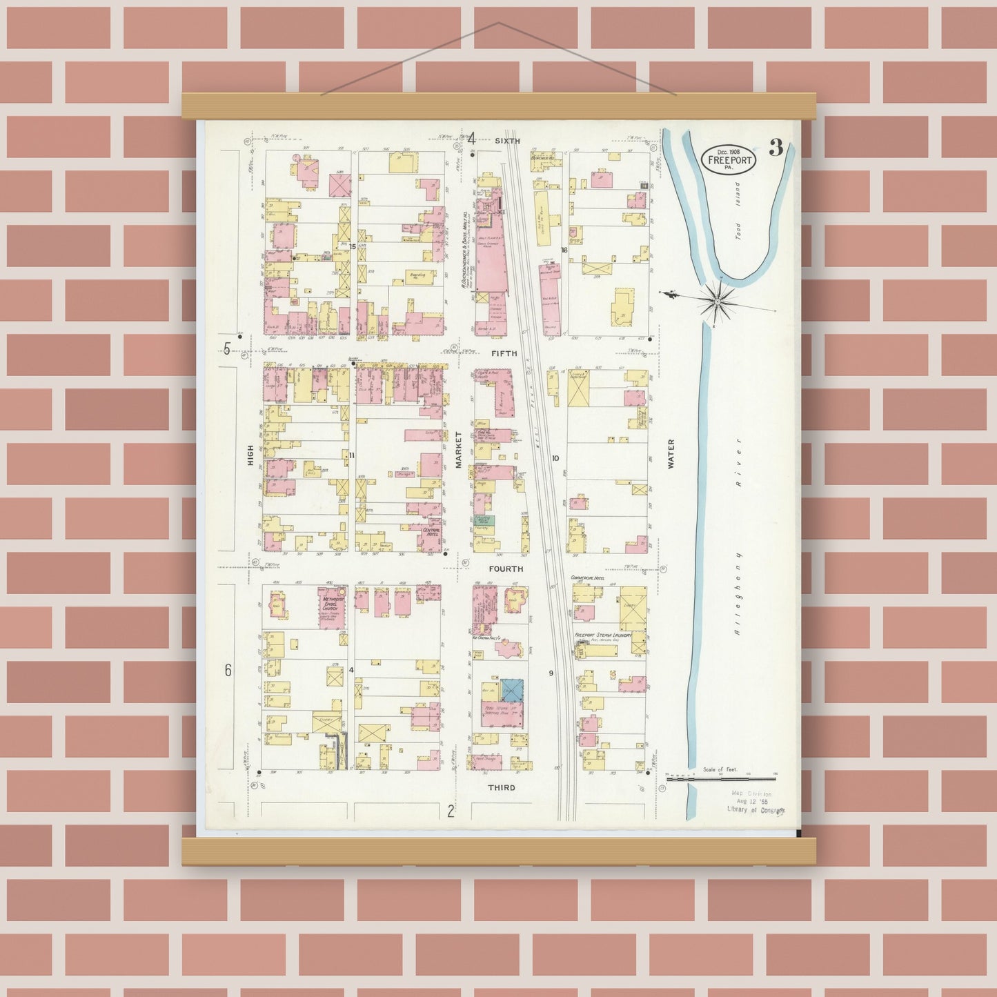 Old map wall art mockup — magnetic wood frame on brick wall — Sanborn Fire Insurance Map from Freeport, Armstrong County, Pennsylvania (1908), Sheet #0003