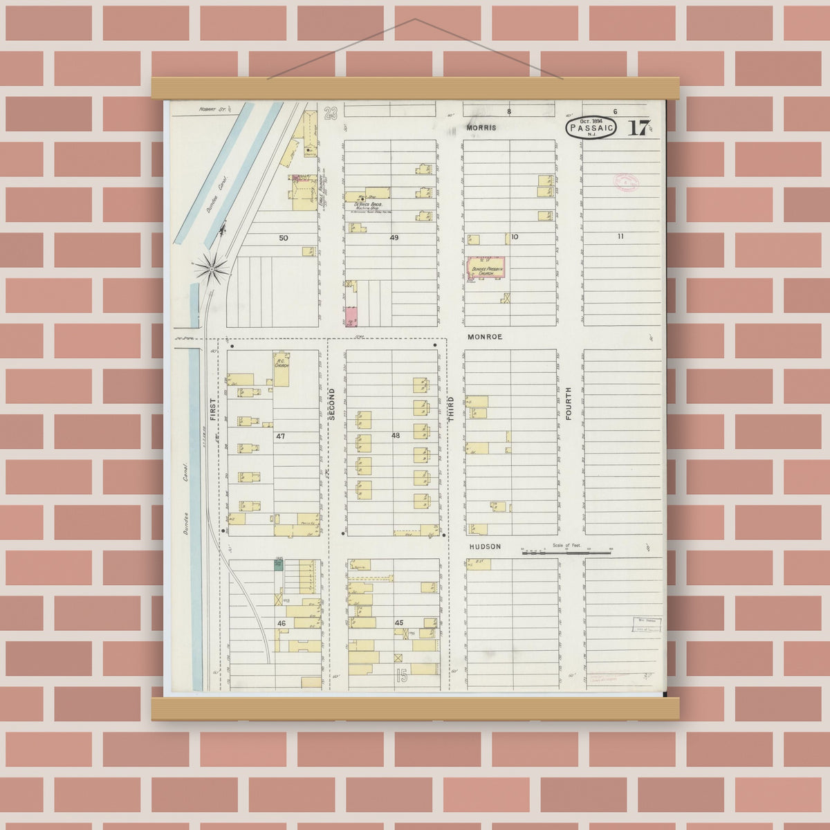 Old map wall art mockup — magnetic wood frame on brick wall — Sanborn Fire Insurance Map from Passaic, Passaic County, New Jersey (1894), Sheet #0017