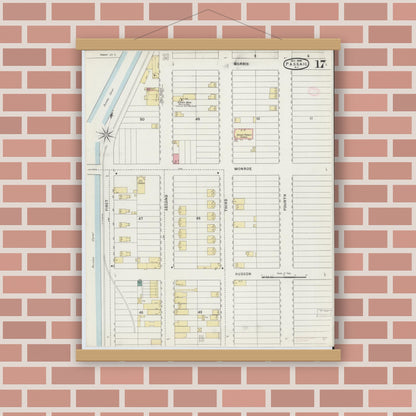 Old map wall art mockup — magnetic wood frame on brick wall — Sanborn Fire Insurance Map from Passaic, Passaic County, New Jersey (1894), Sheet #0017