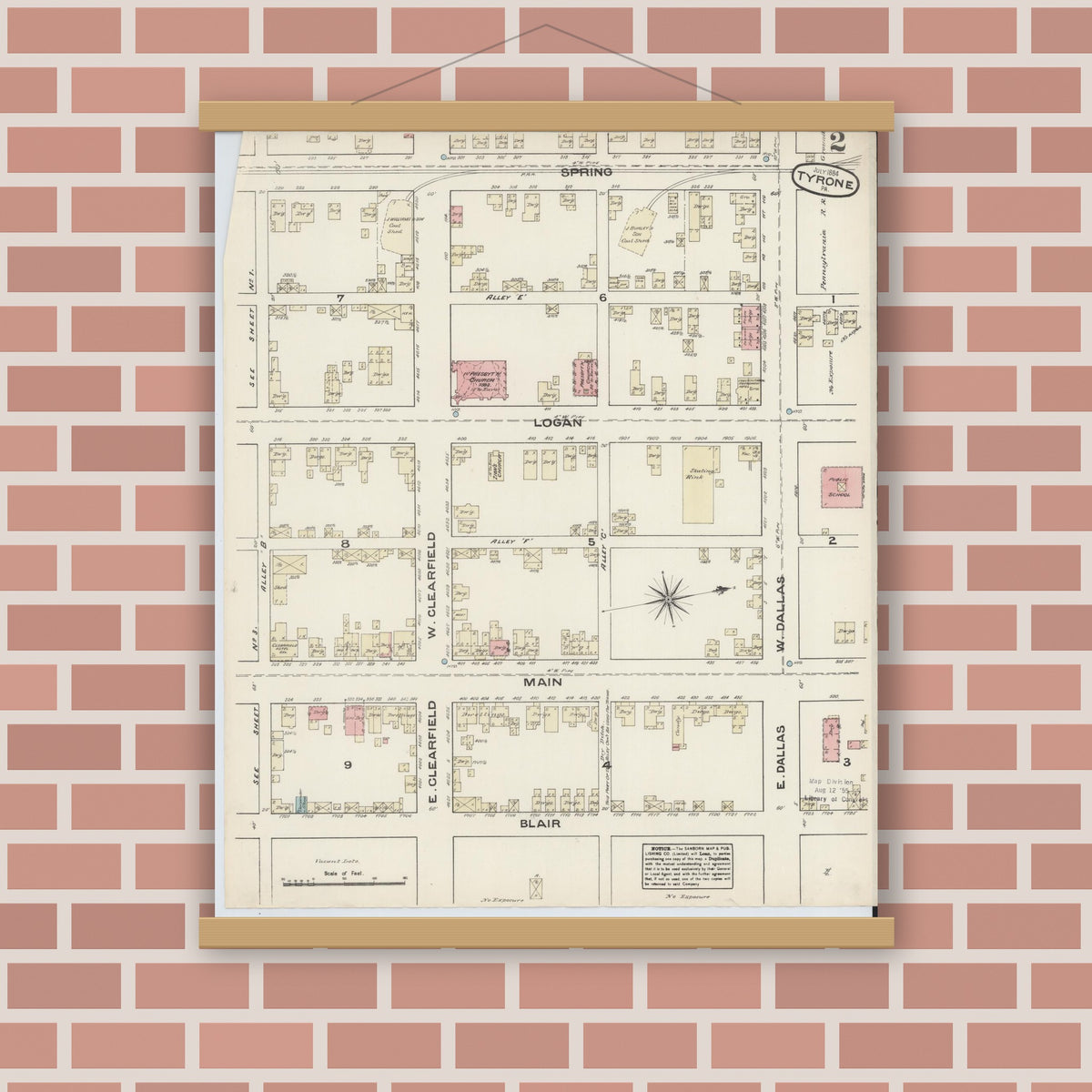 Old map wall art mockup — magnetic wood frame on brick wall — Sanborn Fire Insurance Map from Tyrone, Blair County, Pennsylvania (1884), Sheet #0002