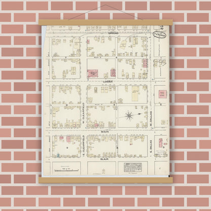 Old map wall art mockup — magnetic wood frame on brick wall — Sanborn Fire Insurance Map from Tyrone, Blair County, Pennsylvania (1884), Sheet #0002