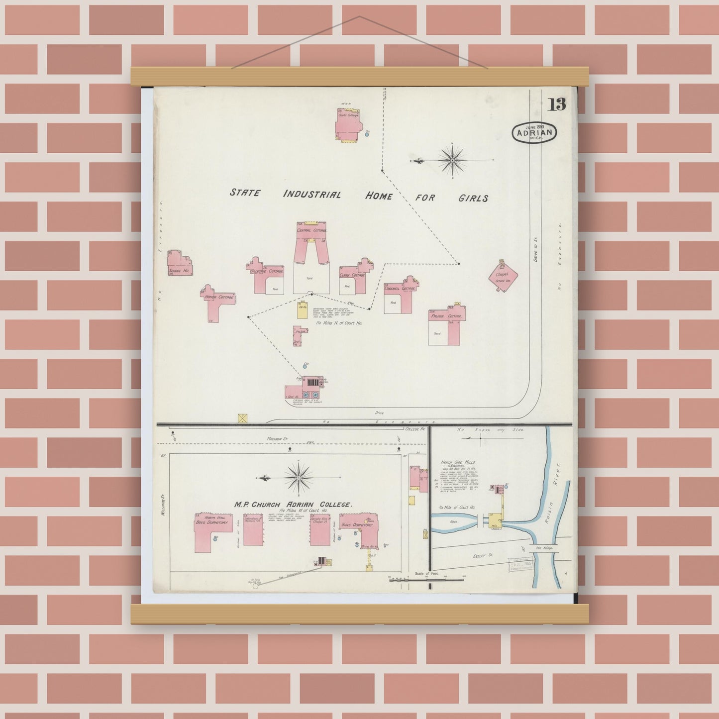 Old map wall art mockup — magnetic wood frame on brick wall — Sanborn Fire Insurance Map from Adrian, Lenawee County, Michigan (1893), Sheet #0013