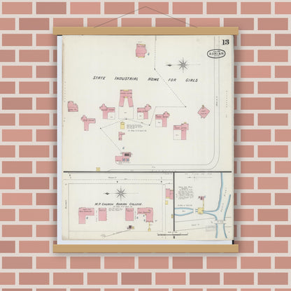 Old map wall art mockup — magnetic wood frame on brick wall — Sanborn Fire Insurance Map from Adrian, Lenawee County, Michigan (1893), Sheet #0013