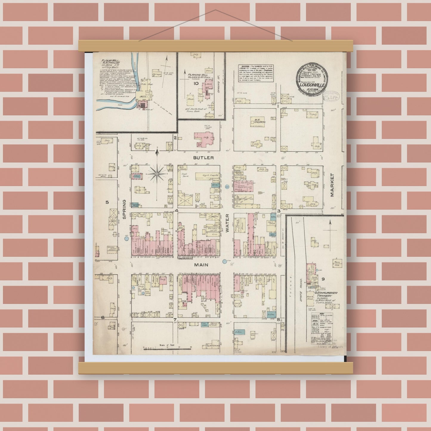 Old map wall art mockup — magnetic wood frame on brick wall — Sanborn Fire Insurance Map from Loudonville, Ashland County, Ohio (1884), Sheet #0001