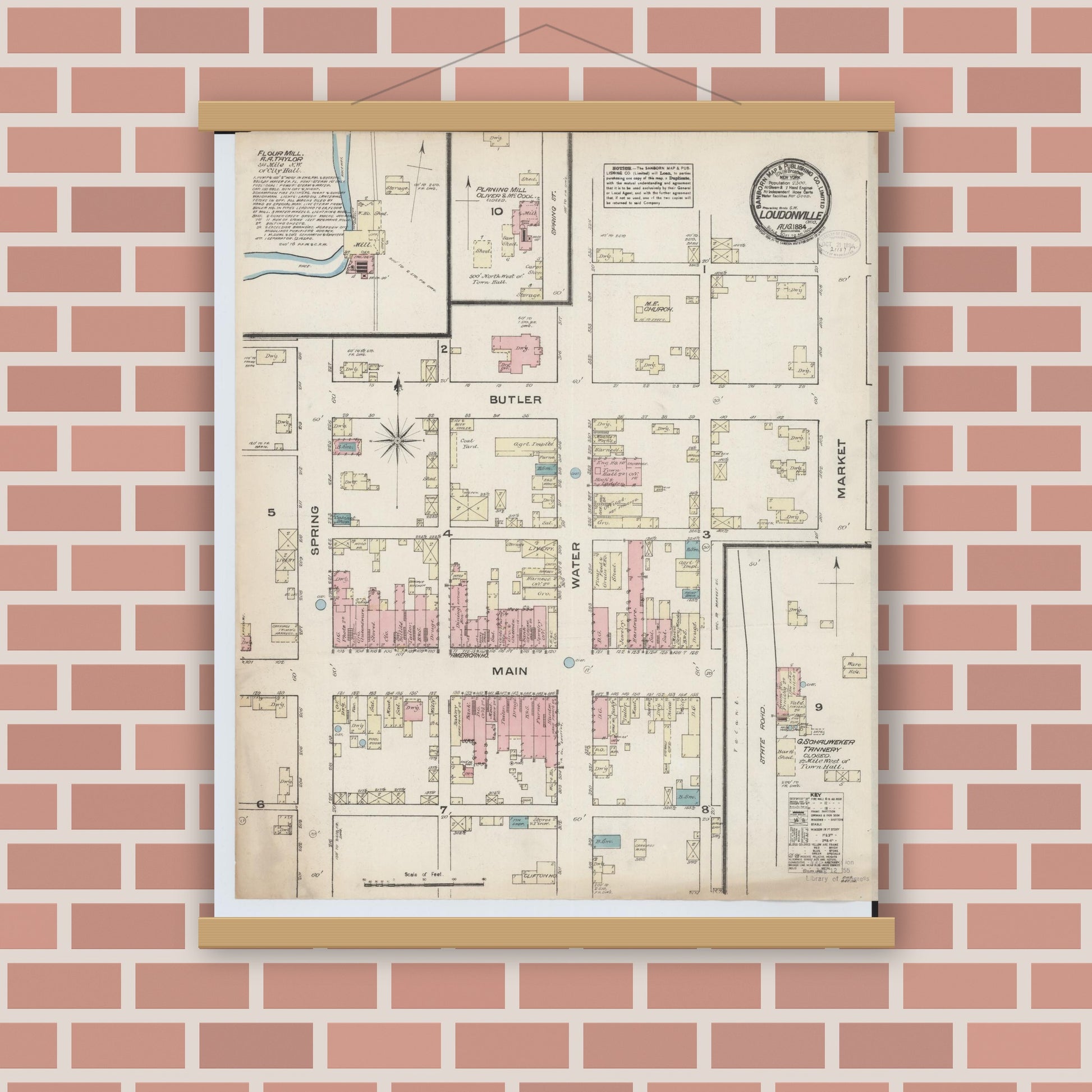 Old map wall art mockup — magnetic wood frame on brick wall — Sanborn Fire Insurance Map from Loudonville, Ashland County, Ohio (1884), Sheet #0001