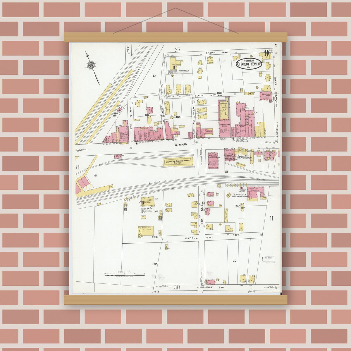 Old map wall art mockup — magnetic wood frame on brick wall — Sanborn Fire Insurance Map from Charlottesville, Independent Cities, Virginia (1920), Sheet #0009
