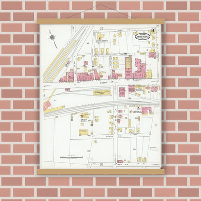Old map wall art mockup — magnetic wood frame on brick wall — Sanborn Fire Insurance Map from Charlottesville, Independent Cities, Virginia (1920), Sheet #0009