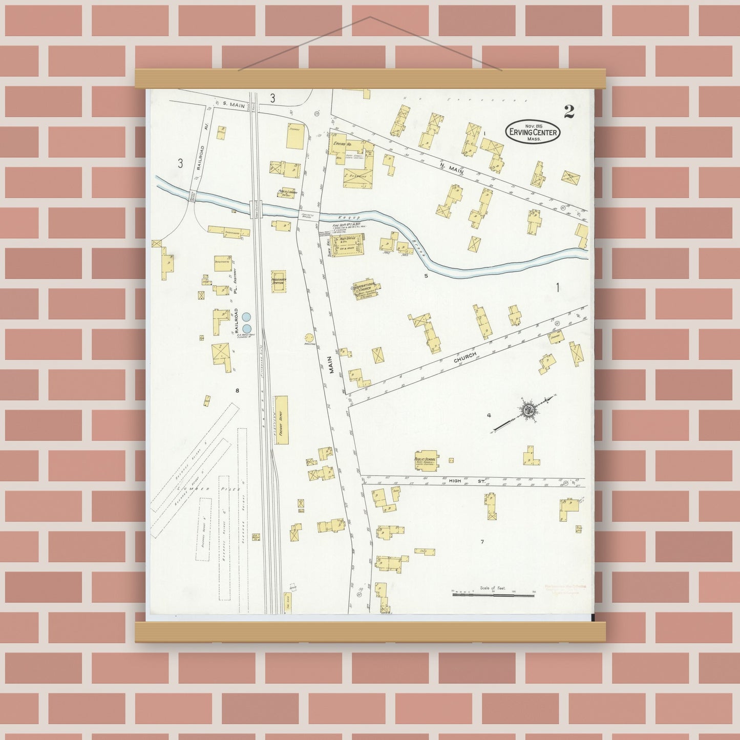 Old map wall art mockup — magnetic wood frame on brick wall — Sanborn Fire Insurance Map from Erving Center, Franklin County, Massachusetts (1915), Sheet #0002