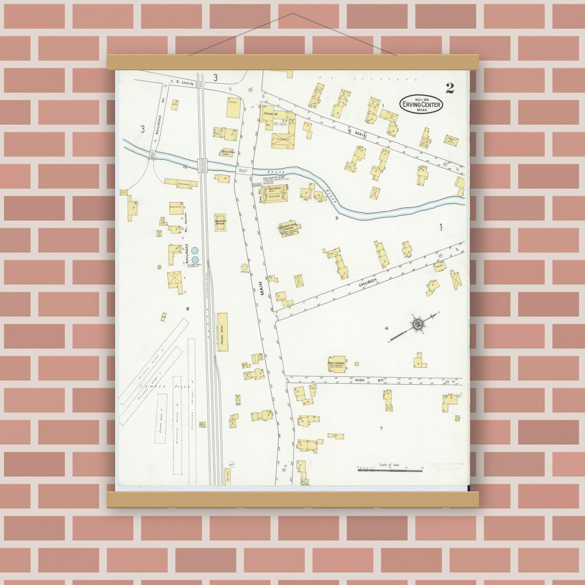 Old map wall art mockup — magnetic wood frame on brick wall — Sanborn Fire Insurance Map from Erving Center, Franklin County, Massachusetts (1915), Sheet #0002