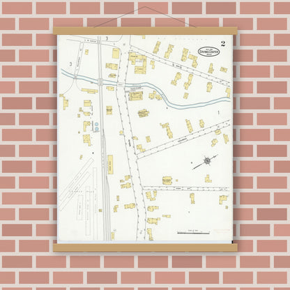 Old map wall art mockup — magnetic wood frame on brick wall — Sanborn Fire Insurance Map from Erving Center, Franklin County, Massachusetts (1915), Sheet #0002