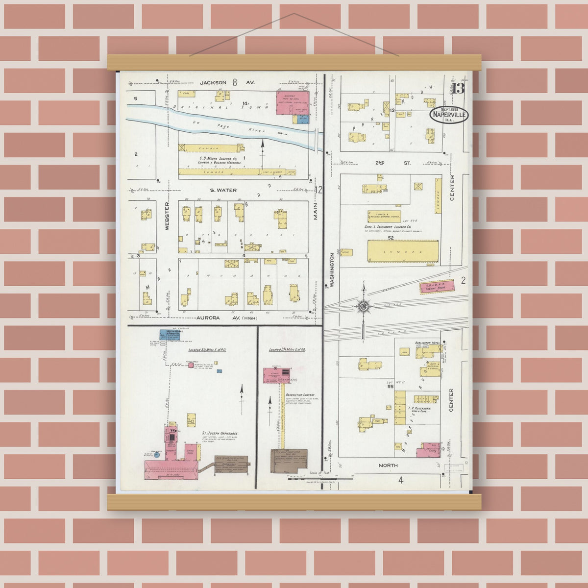 Old map wall art mockup — magnetic wood frame on brick wall — Sanborn Fire Insurance Map from Naperville, Du Page County, Illinois (1921), Sheet #0013