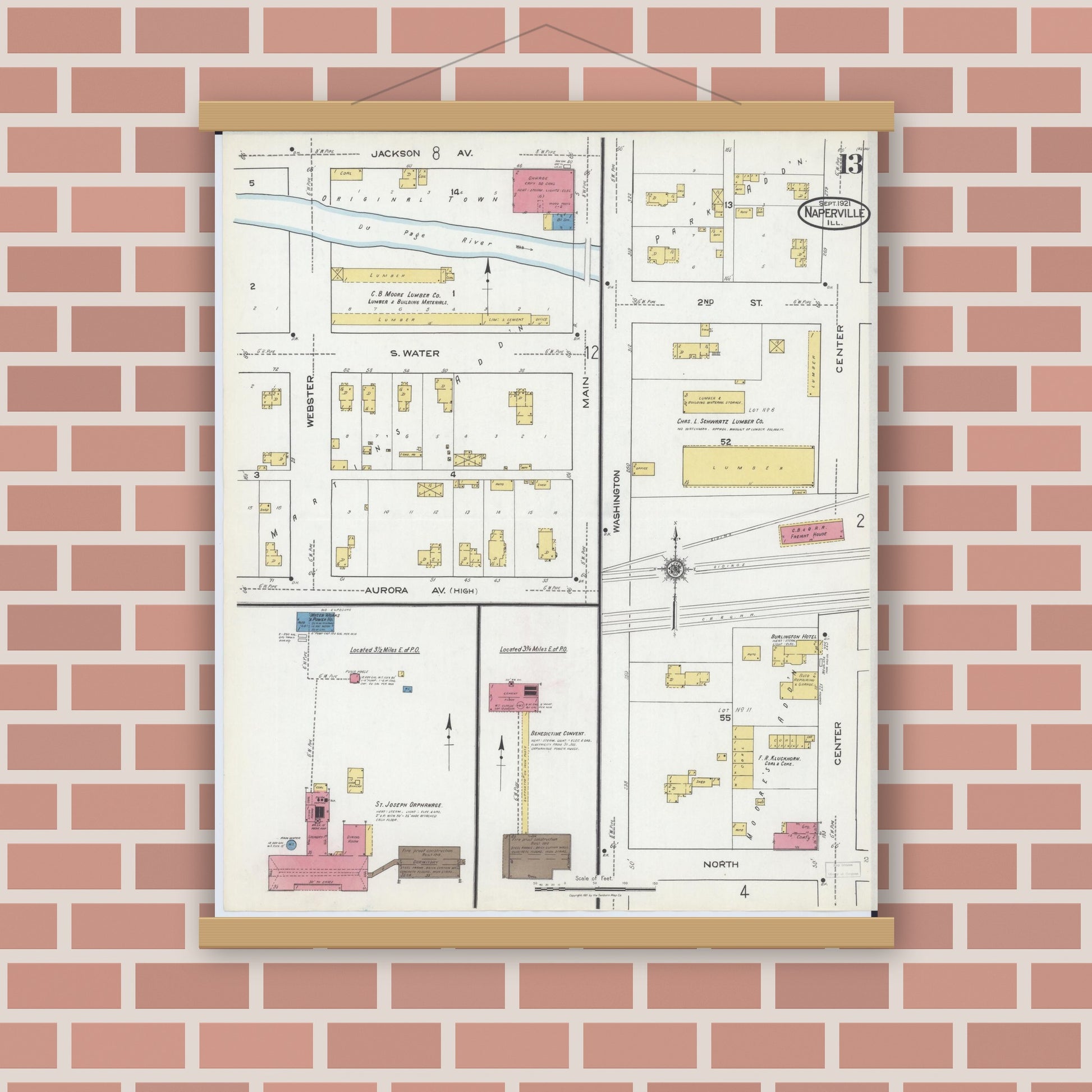Old map wall art mockup — magnetic wood frame on brick wall — Sanborn Fire Insurance Map from Naperville, Du Page County, Illinois (1921), Sheet #0013