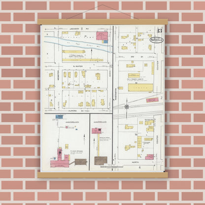 Old map wall art mockup — magnetic wood frame on brick wall — Sanborn Fire Insurance Map from Naperville, Du Page County, Illinois (1921), Sheet #0013
