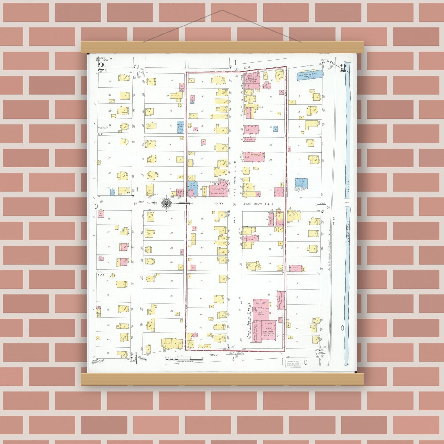 Old map wall art mockup — magnetic wood frame on brick wall — Sanborn Fire Insurance Map from Jewett, Harrison County, Ohio (1950), Sheet #0002