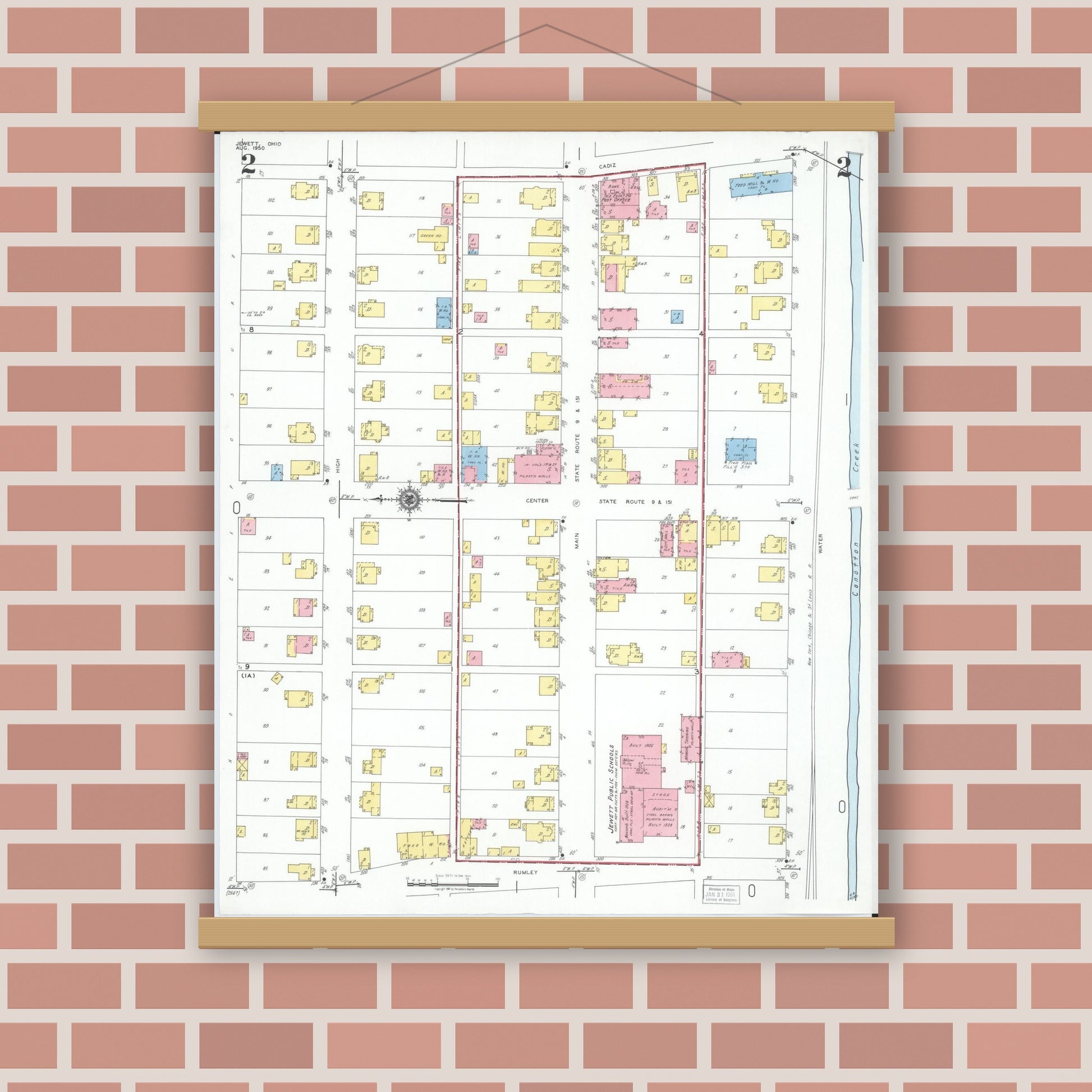 Old map wall art mockup — magnetic wood frame on brick wall — Sanborn Fire Insurance Map from Jewett, Harrison County, Ohio (1950), Sheet #0002