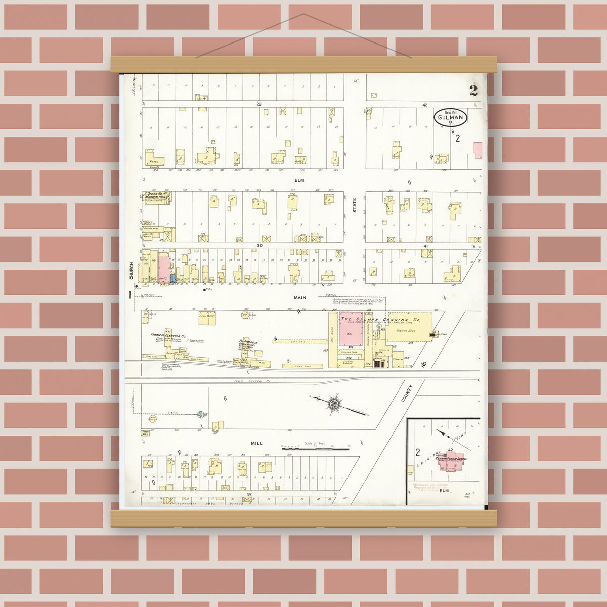 Old map wall art mockup — magnetic wood frame on brick wall — Sanborn Fire Insurance Map from Gilman, Marshall County, Iowa (1911), Sheet #0002