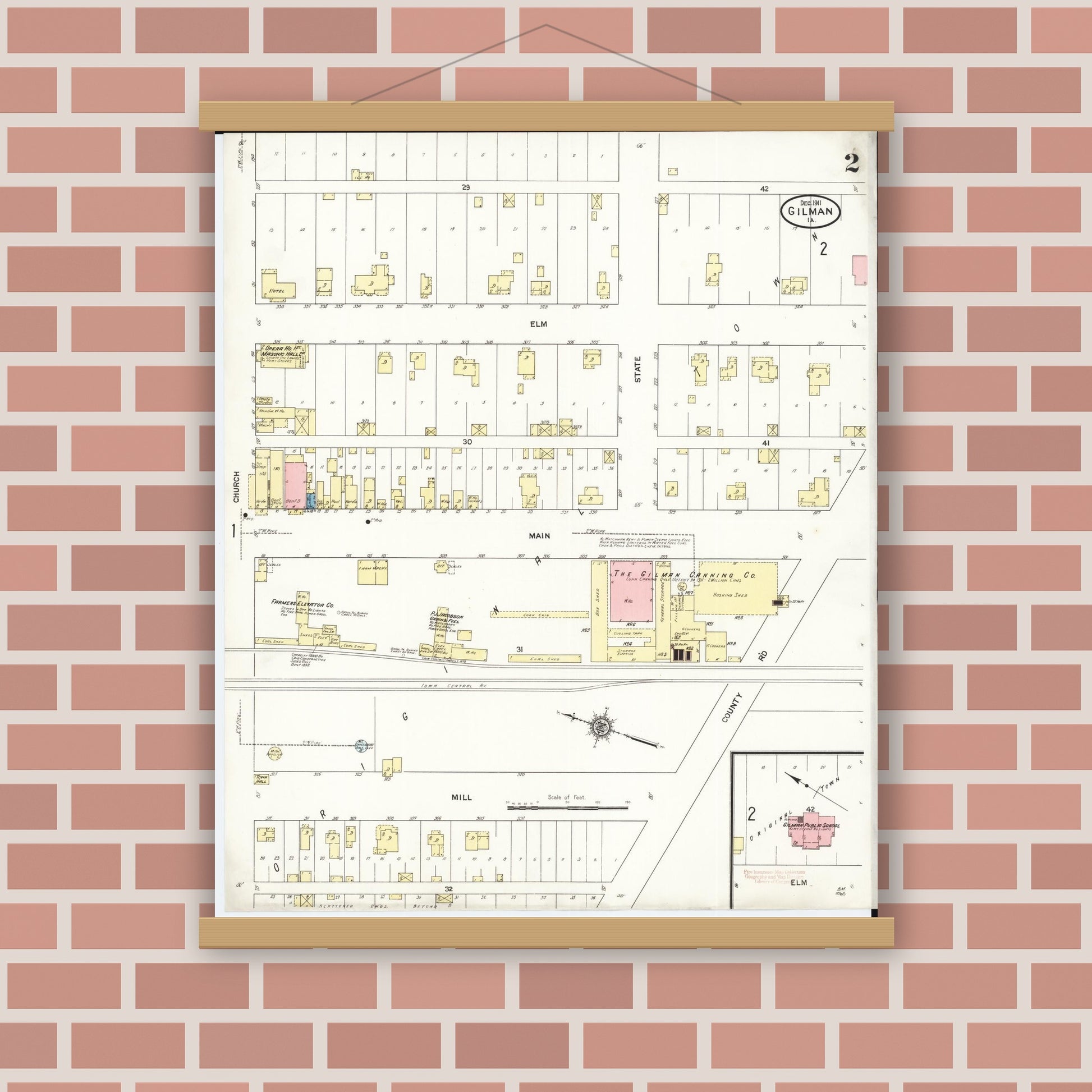 Old map wall art mockup — magnetic wood frame on brick wall — Sanborn Fire Insurance Map from Gilman, Marshall County, Iowa (1911), Sheet #0002