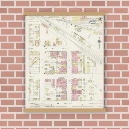 Old map wall art mockup — magnetic wood frame on brick wall — Sanborn Fire Insurance Map from Wells, Faribault County, Minnesota (1914), Sheet #0004