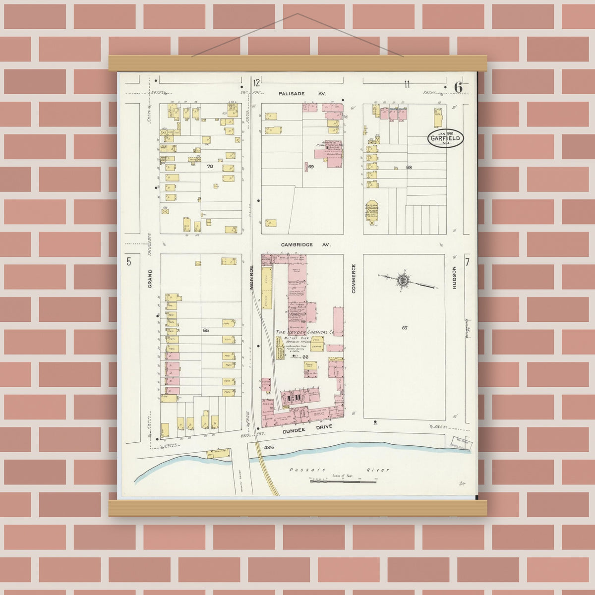Old map wall art mockup — magnetic wood frame on brick wall — Sanborn Fire Insurance Map from Garfield, Bergen County, New Jersey (1910), Sheet #0006