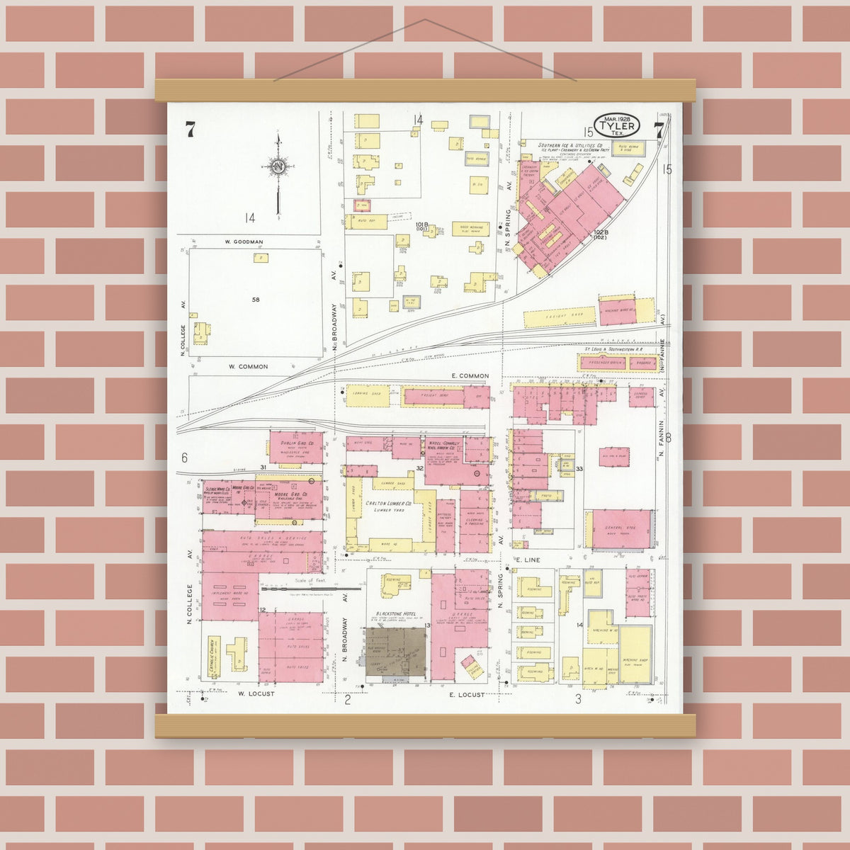 Old map wall art mockup — magnetic wood frame on brick wall — Sanborn Fire Insurance Map from Tyler, Smith County, Texas (1928), Sheet #0007