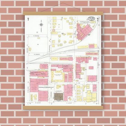 Old map wall art mockup — magnetic wood frame on brick wall — Sanborn Fire Insurance Map from Tyler, Smith County, Texas (1928), Sheet #0007