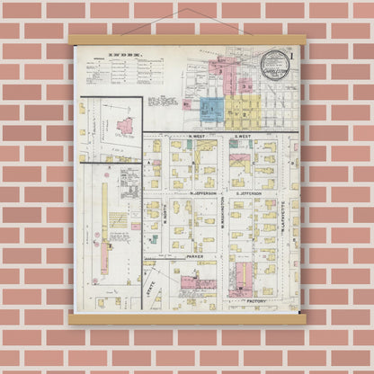 Old map wall art mockup — magnetic wood frame on brick wall — Sanborn Fire Insurance Map from Charleston, Coles County, Illinois (1892), Sheet #0001