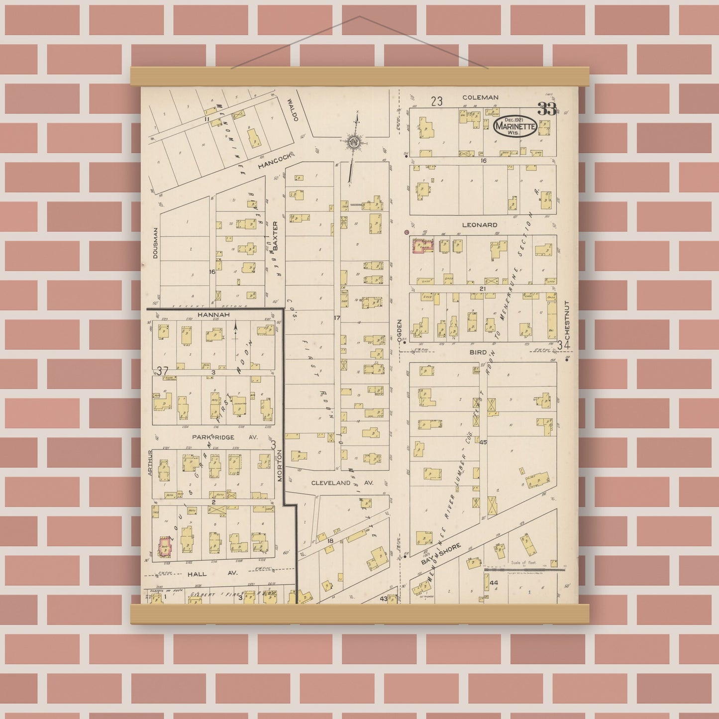 Old map wall art mockup — magnetic wood frame on brick wall — Sanborn Fire Insurance Map from Marinette, Marinette County, Wisconsin (1921), Sheet #0033