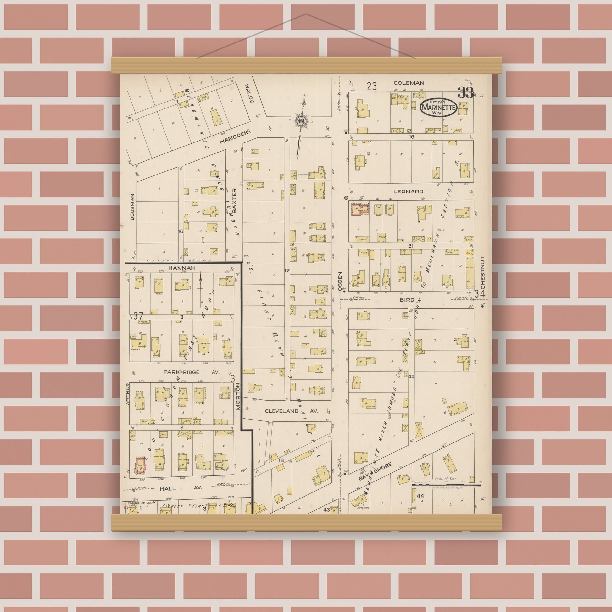 Old map wall art mockup — magnetic wood frame on brick wall — Sanborn Fire Insurance Map from Marinette, Marinette County, Wisconsin (1921), Sheet #0033