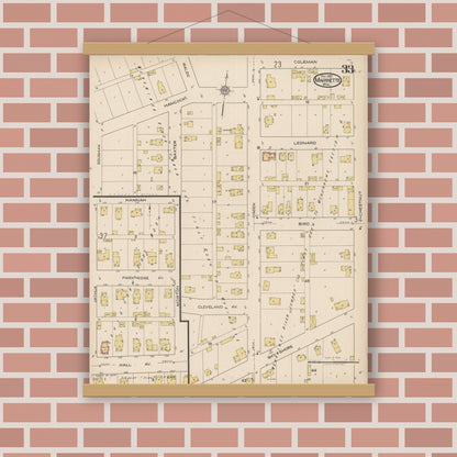 Old map wall art mockup — magnetic wood frame on brick wall — Sanborn Fire Insurance Map from Marinette, Marinette County, Wisconsin (1921), Sheet #0033
