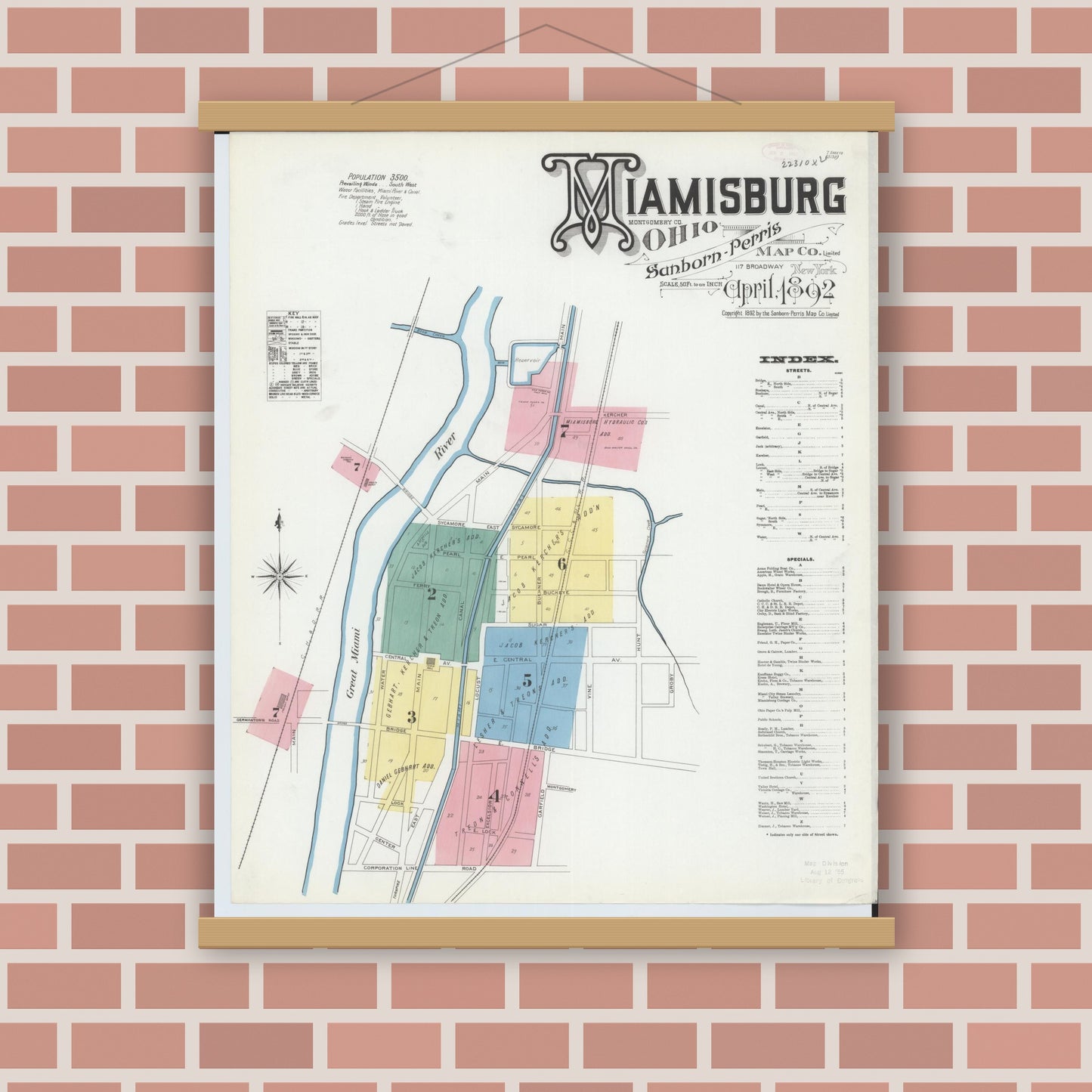 Old map wall art mockup — magnetic wood frame on brick wall — Sanborn Fire Insurance Map from Miamisburg, Montgomery County, Ohio (1892) - Complete Map Set