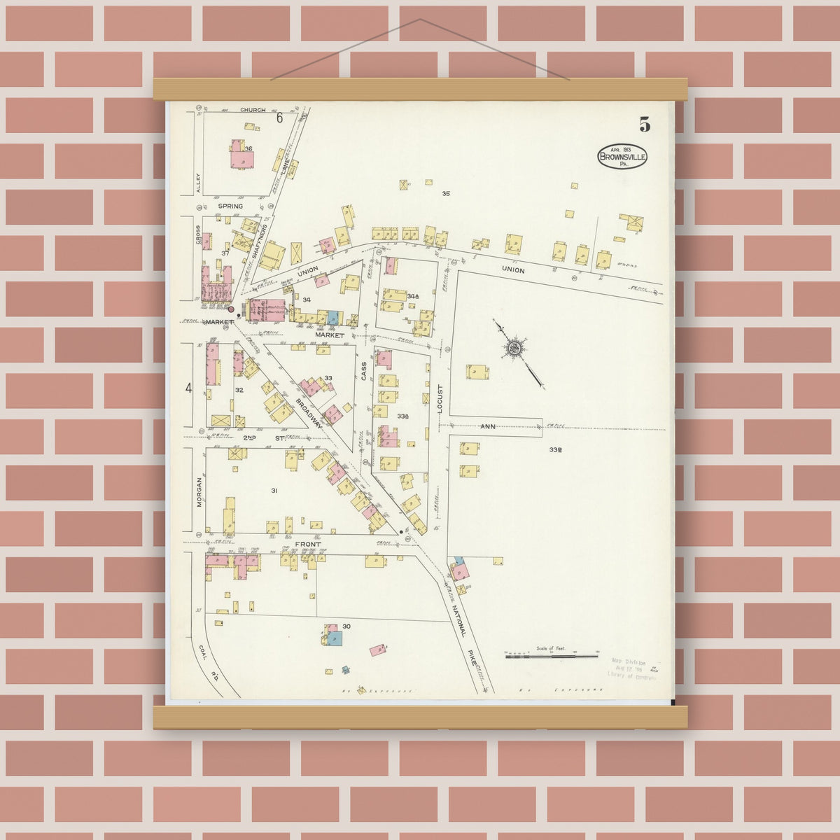 Old map wall art mockup — magnetic wood frame on brick wall — Sanborn Fire Insurance Map from Brownsville, Fayette County, Pennsylvania (1913), Sheet #0005