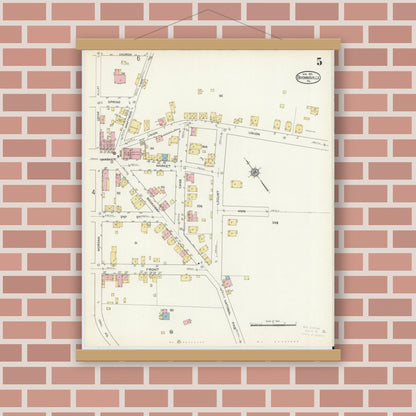 Old map wall art mockup — magnetic wood frame on brick wall — Sanborn Fire Insurance Map from Brownsville, Fayette County, Pennsylvania (1913), Sheet #0005