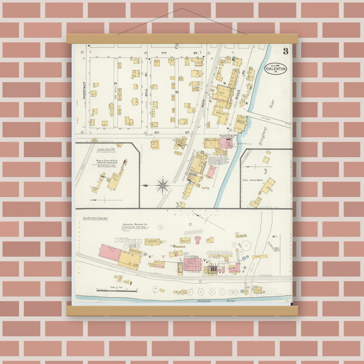 Old map wall art mockup — magnetic wood frame on brick wall — Sanborn Fire Insurance Map from Emlenton, Venango County, Pennsylvania (1904), Sheet #0003